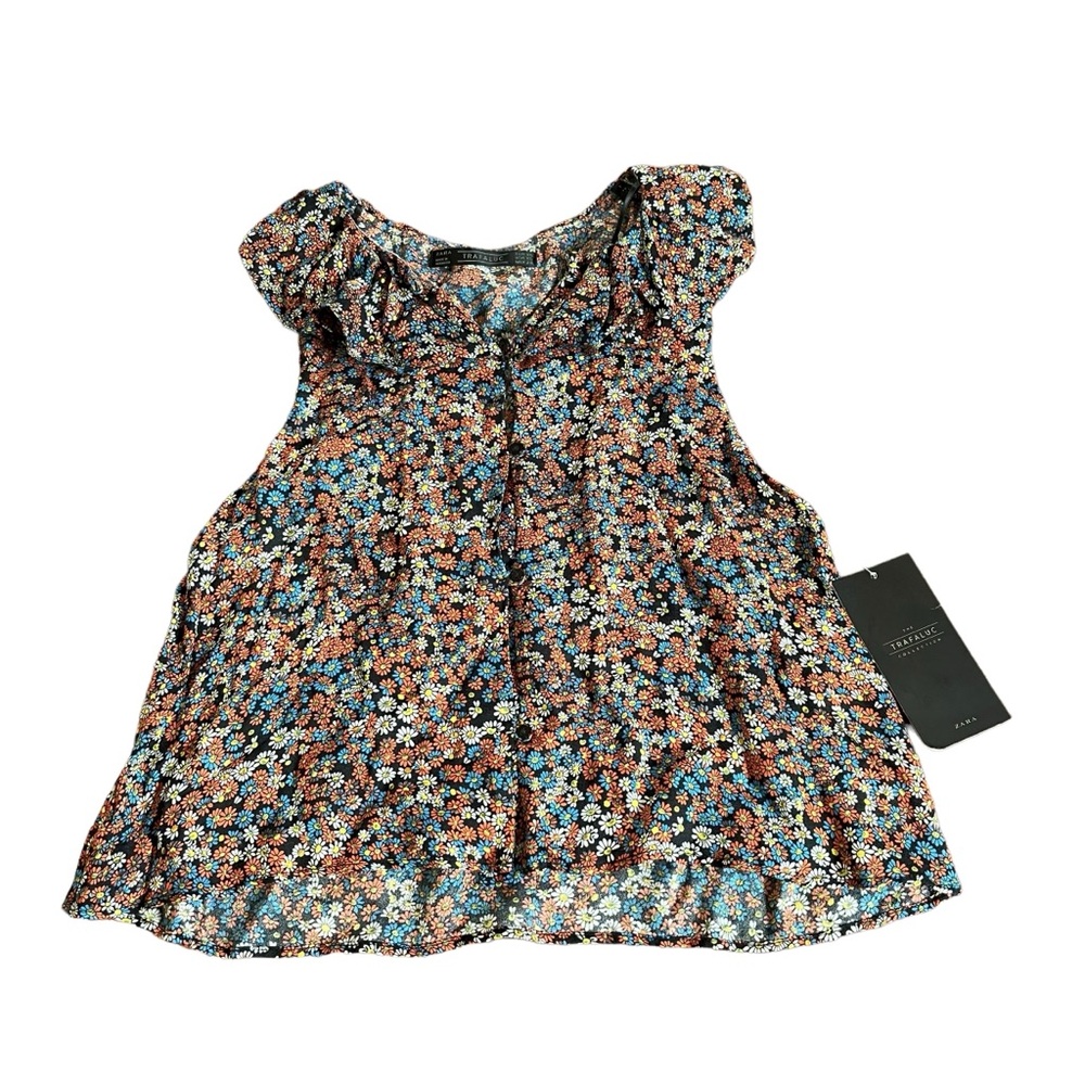 Zara‎ Trafaluc XS Short Sleeve Button Up Ruffle Collar Multicolor Floral Top